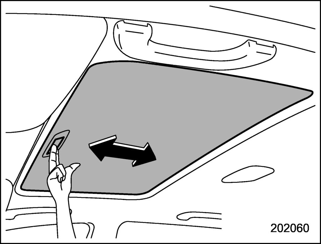 2-44 Keys and doors/moonroof OPEN/CLOSE switch. To stop the moonroof at a selected midway position while opening or closing it, momentarily push the switch to the OPEN side or CLOSE side.
