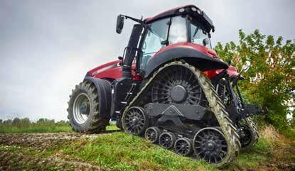 through the tightest turns. These tractors keep four points of ground contact, which reduces surface pressure and means less weight transfer from front to rear than two-track systems.