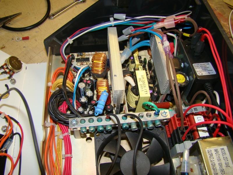 The main power supply is a scavenged 250 watt PSU from an old computer.