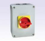 0 KOCKOUT -M20(4PLACES) SUITABLE FOR M4 SCREW IP65. Enclosure colour : Dark grey base RED / YELLOW-handle colour for and light grey cover. MAI / EMERGECY es. Fourth pole can be added.