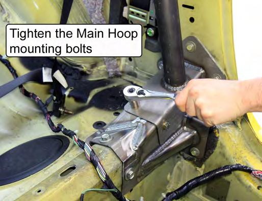 With both Rear Support Mounting Pads in their proper position (resting firmly against each rear wheel well), tighten the two bolts holding the Rear Supports to the Main Hoop so that the