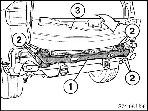 Trailer Hitch Installation 5 1. Remove and discard steel bumper (1) and eight mounting nuts (2) from vehicle.