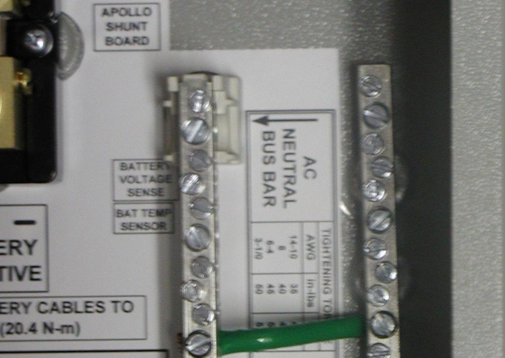 Apollo Solar Inverter Switchgear Module Installation Manual Rev 1.2 Page 9 Neutral to ground bond: A 6AWG green ground bond wire is connected from the AC neutral bus bar to the ground bus bar.