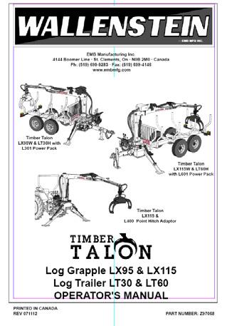 LX115 Log Grapple Parts Manual WALLENSTEIN by EMB Mfg. #BA201 BACK HOE KIT For all LX models.