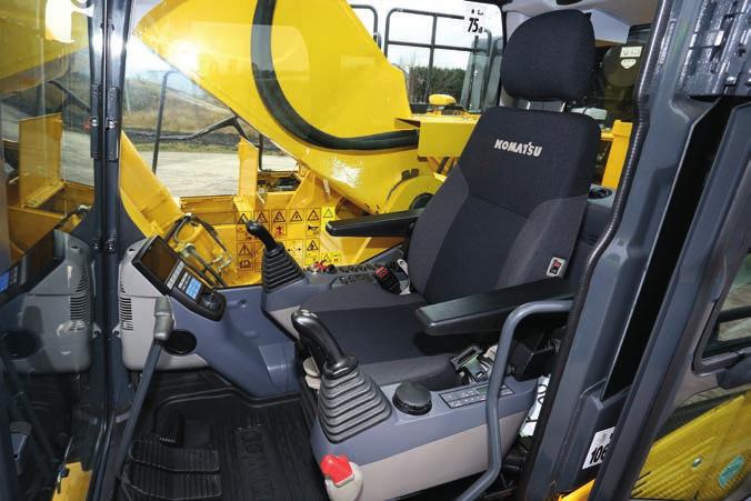 First-Class Comfort Increased comfort In the wide Komatsu SpaceCab, a standard air-suspended high-back seat, heated for improved comfort and