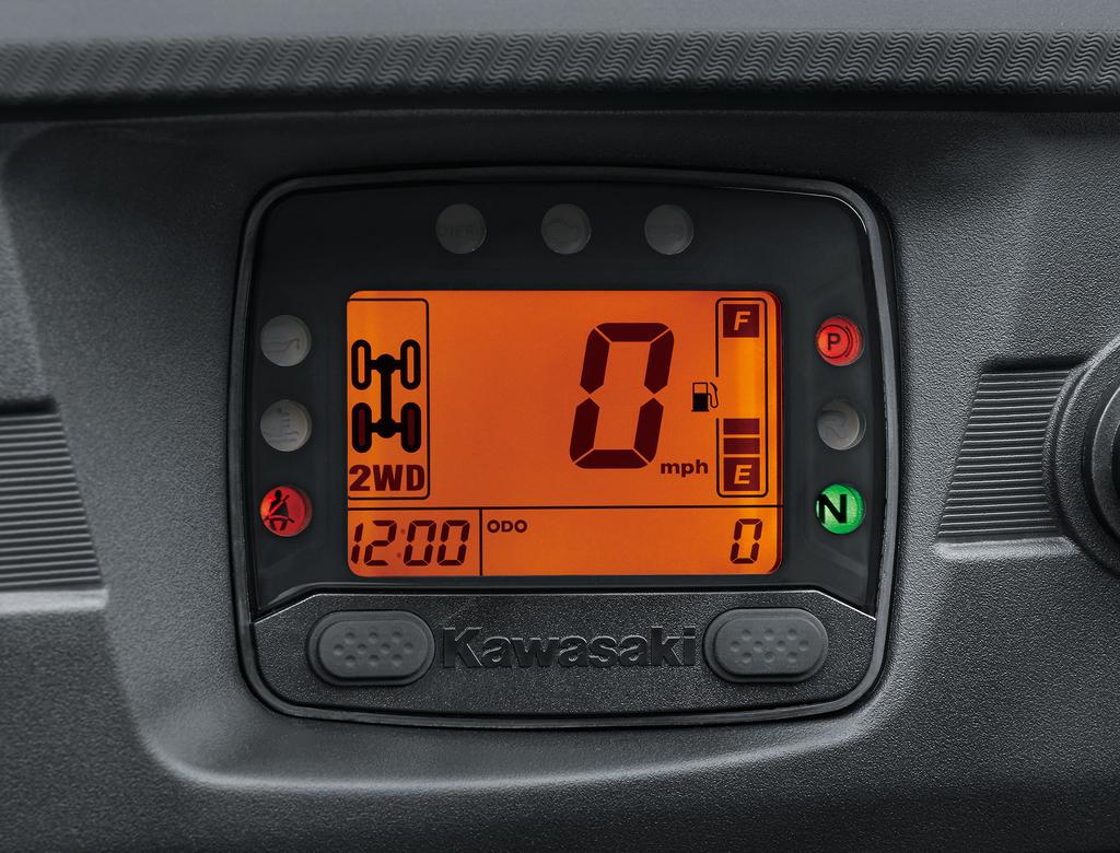 DIGITAL DISPLAY The easy to read digital display features: digital speedometer, digital fuel gauge, odometer, hour meter, clock, dual trip meters, 2WD/4WD indicator, front diﬀerential lock indicator,
