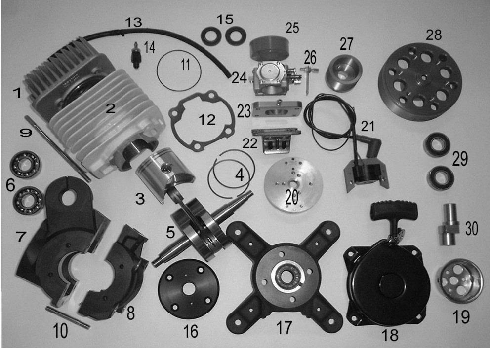 1. Parts Schematic: 1) Cylinder head 2) Cylinder 3) Piston 4) Piston ring 5) Crankshaft and connecting rod 6) Crankshaft bearing 7) Upper crankcase 8) Lower crankcase 9) Tie-rod of cylinder head 10)