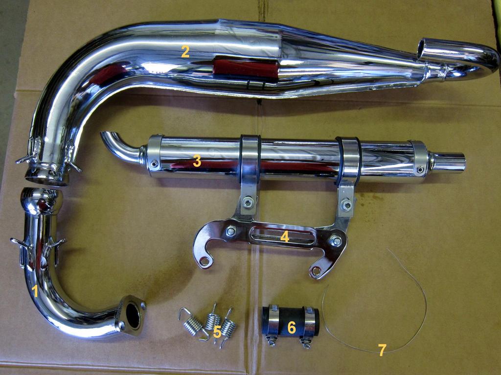 2. Muffler Assembly Diagram: 1) Muffler / expansion chamber 2) Silencer 3) Silencer to engine mount 4) Exhaust springs 5)