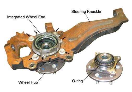 STEERING KNUCKLE INSTALLATION 1) Remove the integrated wheel end and hub from the passenger side steering knuckle. See illustration 16. CAUTION: Do not damage the O-ring on the wheel hub.
