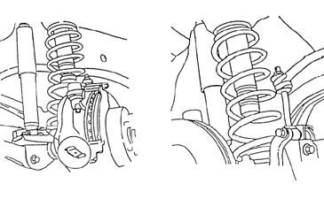4) Disconnect the stabilizer bar links and the shock absorbers at the axle as shown in ILLUS- TRATION 2. Remove upper shock hardware and remove shock. 5) Disconnect the track bar at the axle bracket.