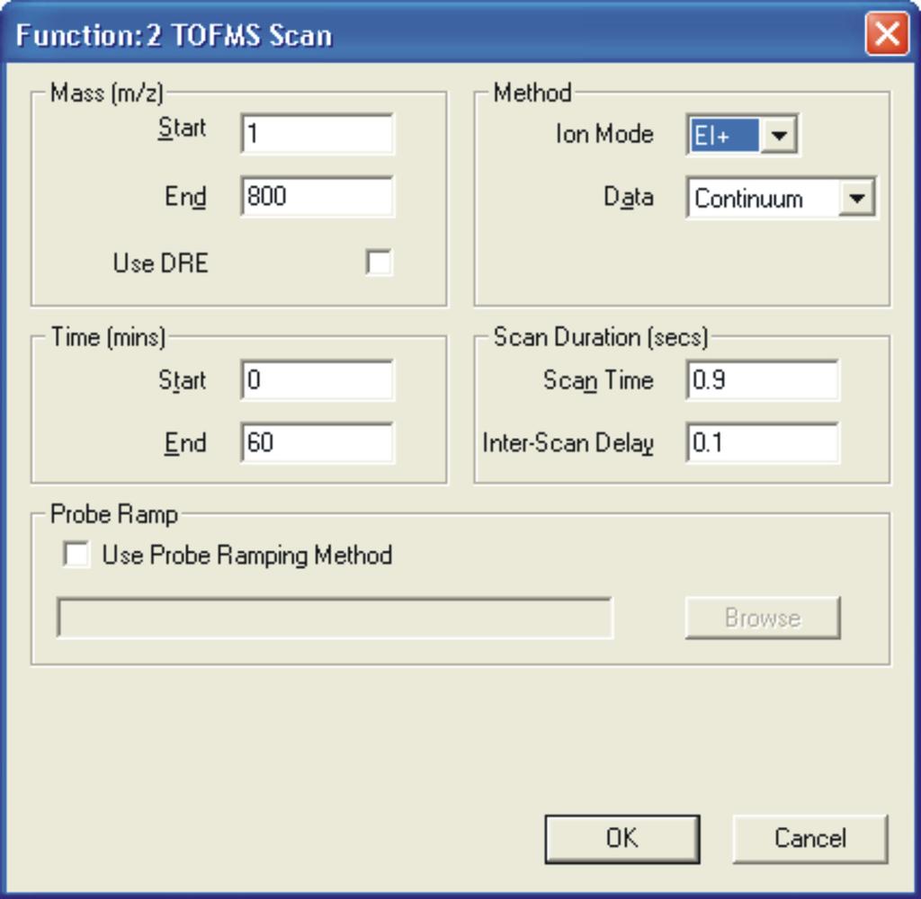 Setting up an MS Scan The TOF MS Scan Function Editor sets up centroid and continuum functions. Full Scan Function Editor: To set up a full scan function: 1.