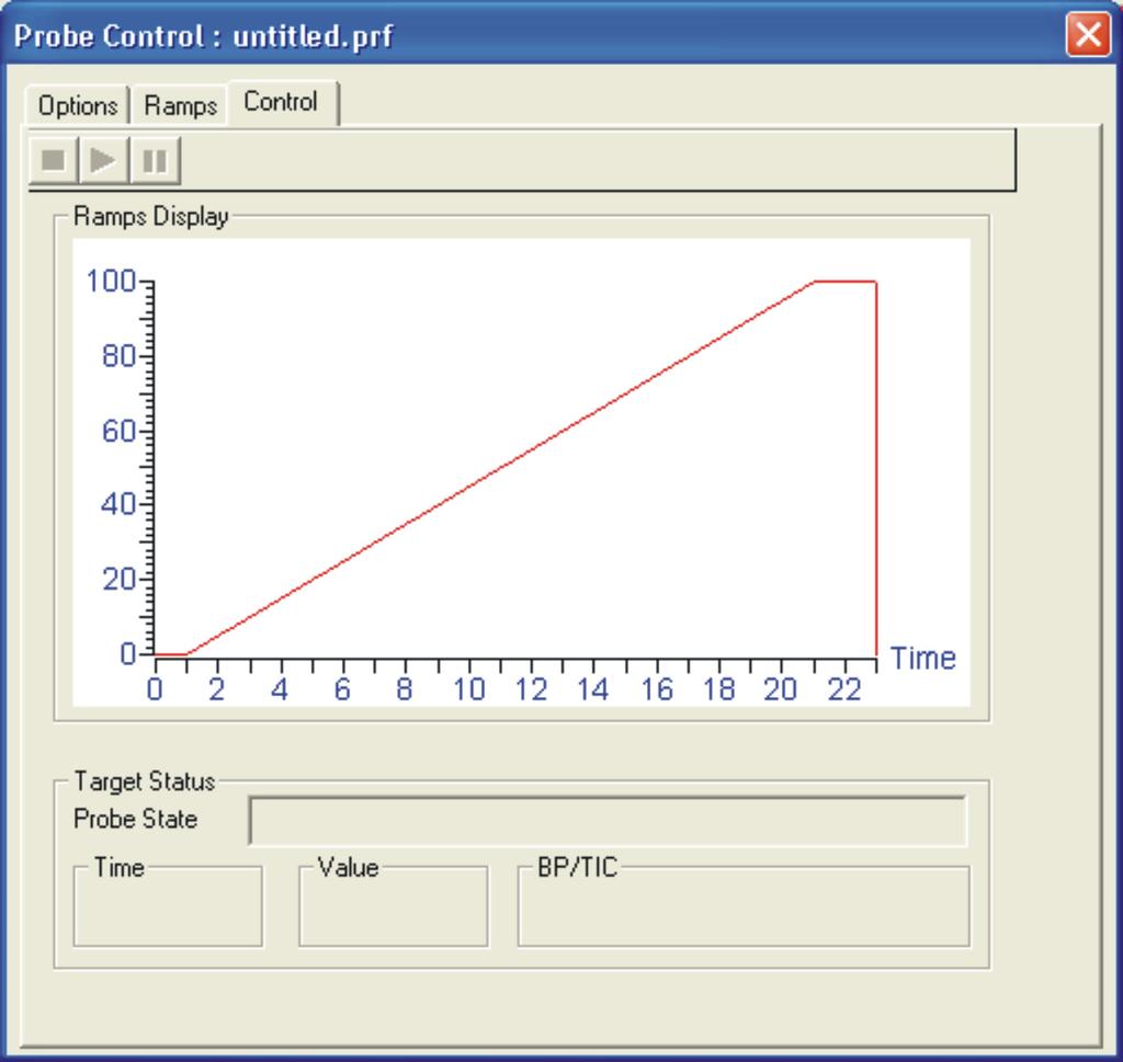 Probe Control Control tab The Control tab shows a graphical representation of the probe current ramp. Probe Control Control tab See also: Probe Control dialog box on page 7-16.