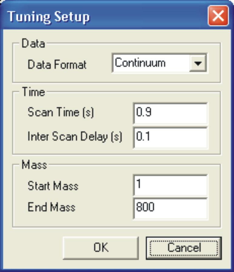 The Tune window Settings menu The Settings menu is used to: Configure the Tune setup parameters. Configure the TDC settings. Viewing Calibration parameters. Condition the detector.