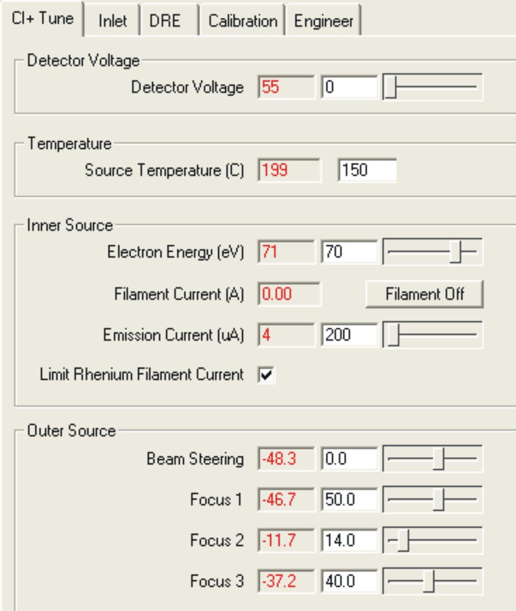 The CI Tune tab CI Tune tab: CI Tune tab parameters: Parameter Detector Voltage Description Sets the voltage across the detector.