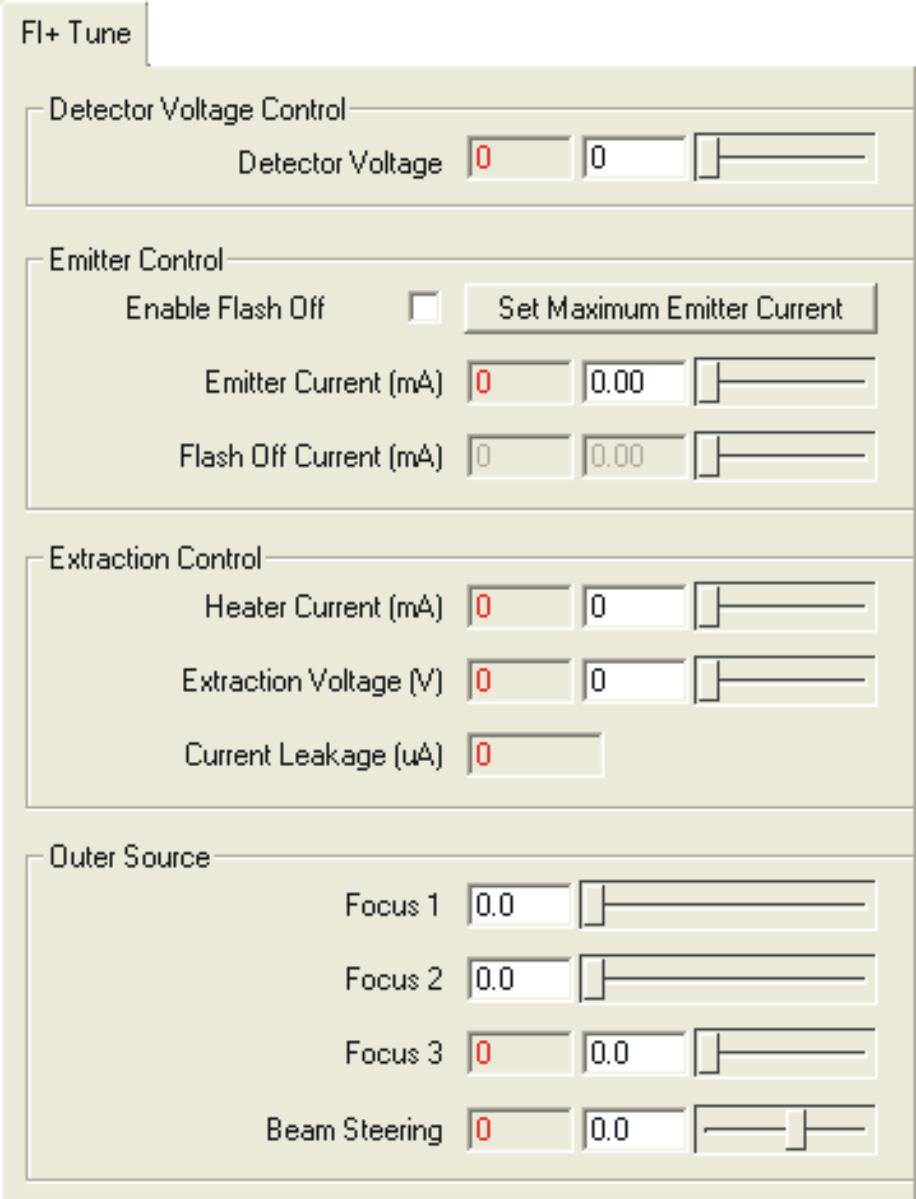 The FI Tune tab FI Tune tab: FI Tune tab parameters: Parameter Detector Voltage Enable Flash Off Description Sets the voltage across the detector. The default value is 2700 V, which provides a beam.