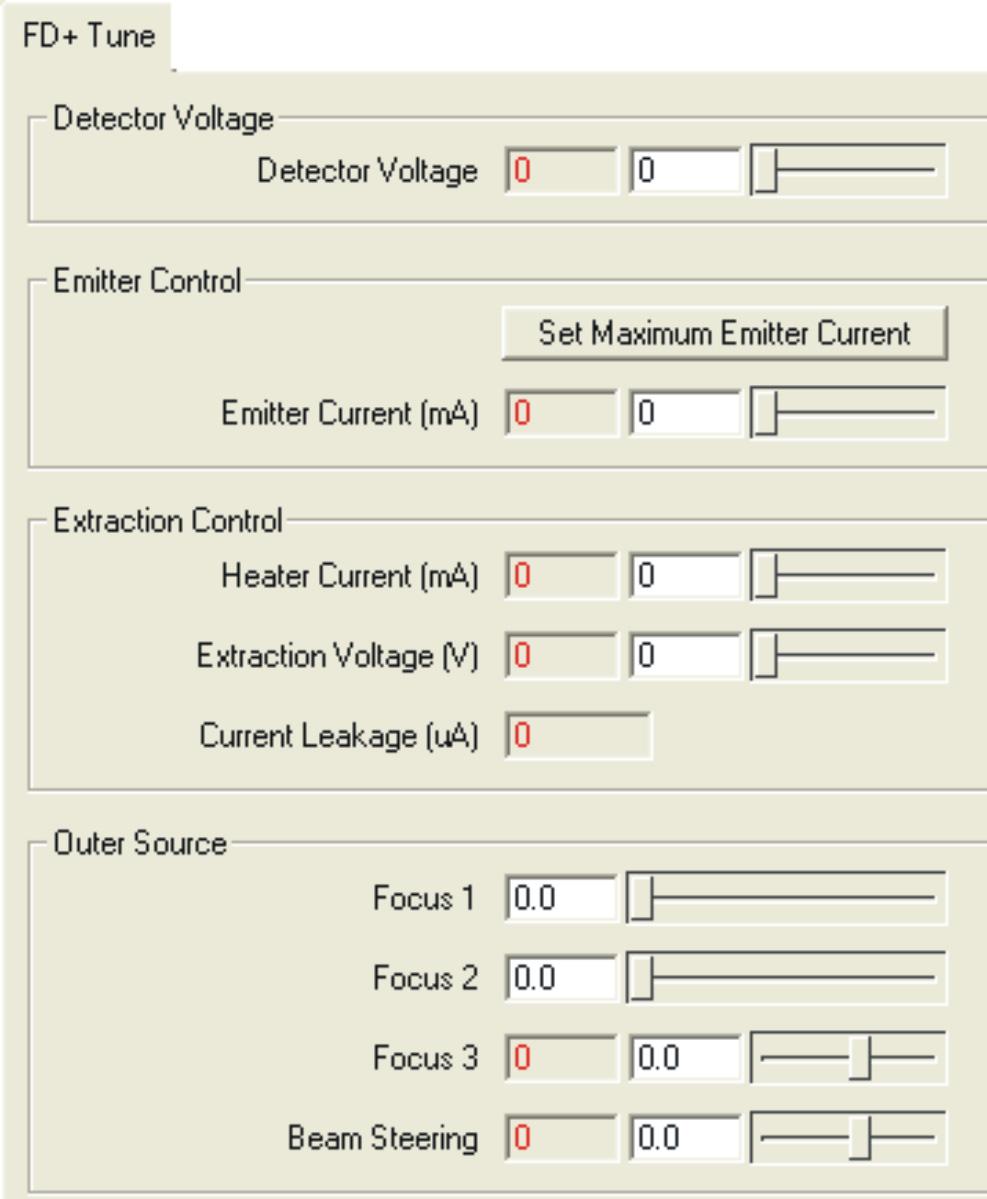 The FD Tune tab FD Tune tab: FD Tune tab parameters: Parameter Detector Voltage Description Sets the voltage across the detector.