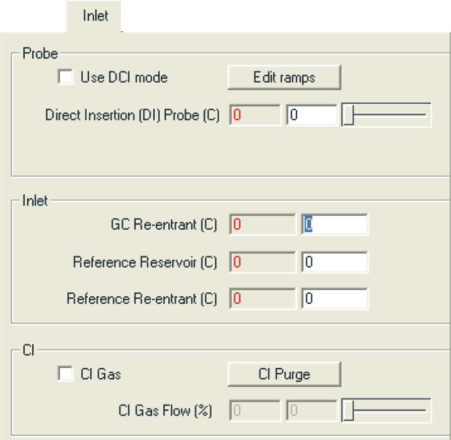 Inlets tab: Inlets tab parameters : Parameter Use DCI mode Solids Probe Description When selected, the parameters displayed change to reflect the DCI probe. The temperature of the solids probe in C.