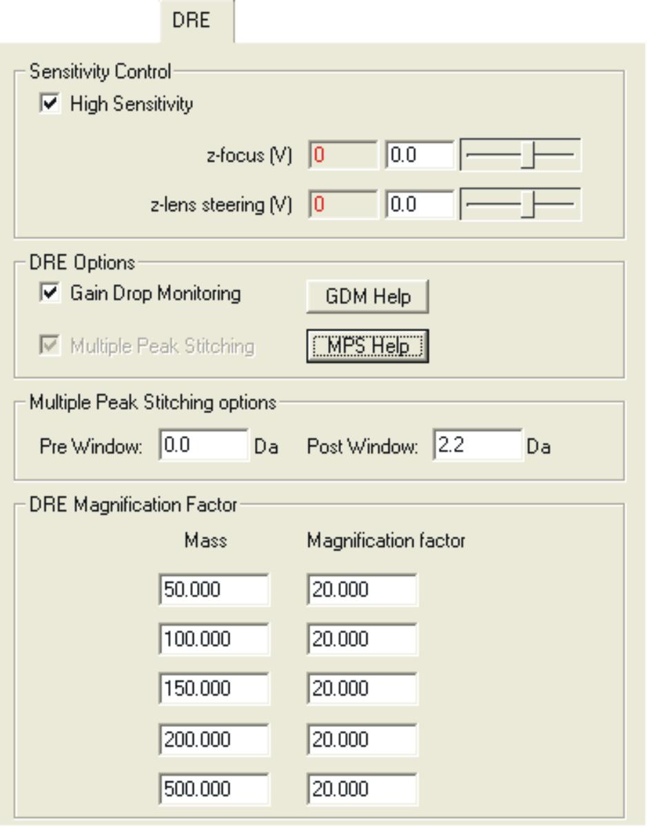 The DRE tab DRE tab: DRE tab parameters : Parameter High Sensitivity Description When the parameter is selected, the instrument operates in high-sensitivity mode for the z-focus