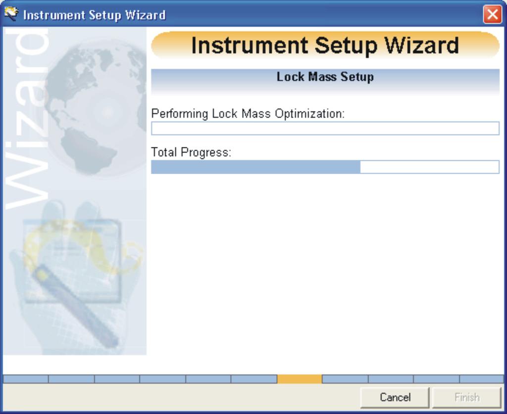 Instrument Setup Wizard Lock Mass Setup: The wizard automatically sets the Lock Mass by checking a specific mass and intensity.