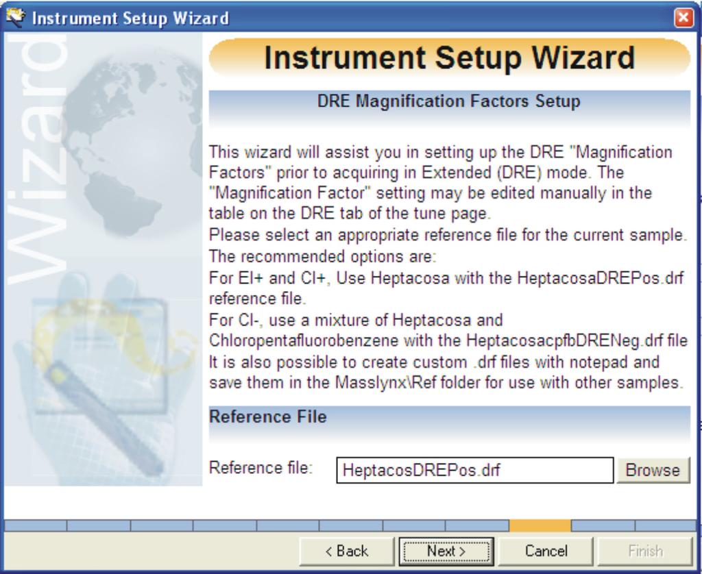 Instrument Setup DRE Magnification Factor Setup: 15. From the Reference File list, click the reference compound file for the sample that has been injected into the instrument.