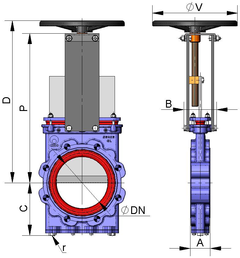 HANDWHEEL with Non Rising Stem Suitable when no size limitations exist. B = Max. width of the valve (without actuator). P = Max. height of the valve (without actuator). Options: Square nut.