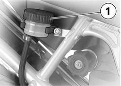(Brake-fluid reservoir horizontal) Checking rear brake fluid level A low fluid level in the brake reservoir can allow air to penetrate the brake system. This significantly reduces braking efficiency.