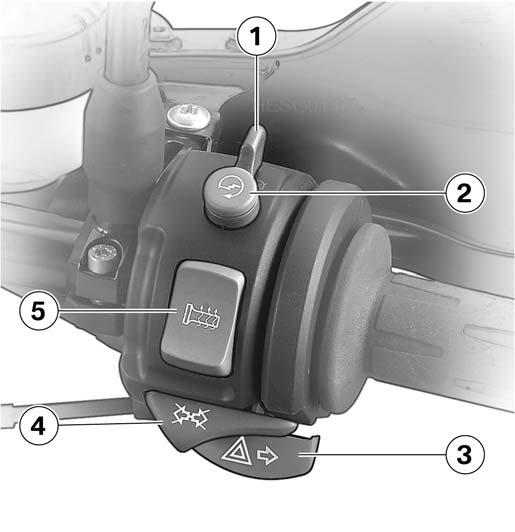 z Overviews Handlebar fitting, right 1 Emergency ON/OFF switch ( 58) 2 Starter button ( 76) 3 Turn indicators, right ( 57),
