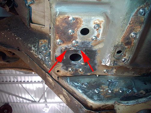 28. Inspect the cross car reinforcement (one bar) for cracks around the bolt hole. If there are no cracks, proceed to the installation steps (#37).