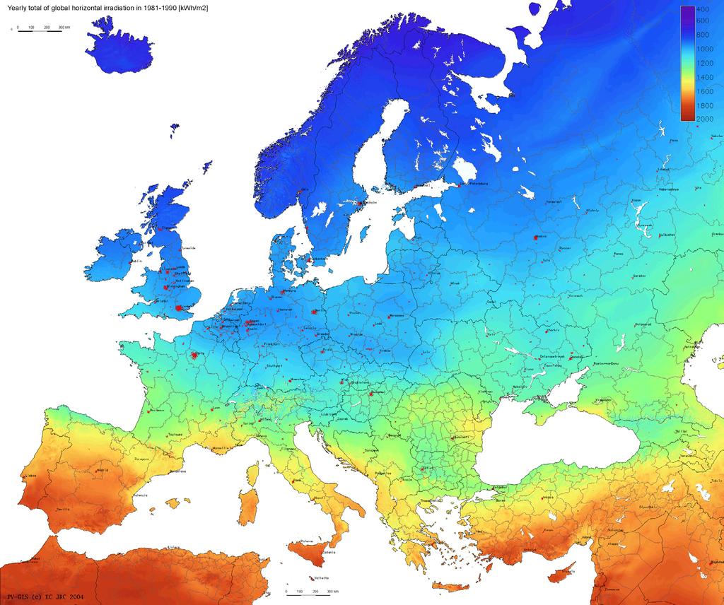 Grid parity in Europe 2030 (lines to guide the eye) irradiation PV
