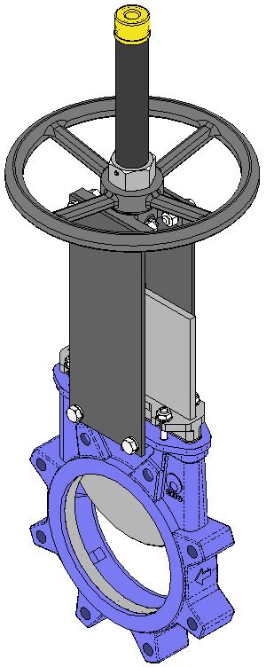 Unidirectional "LUG" guillotine valve. Monobloc cast body with interior slides for optimum movement of the gate during operation. Provides high flow rates with low pressure drop.