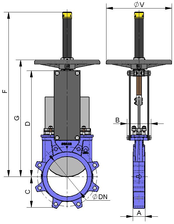 HANDWHEEL with rising stem B = Max. width of the valve (without actuator). D = Max. height of the valve (without actuator). Options: Locking devices. Extensions: stand, pipe, plates, etc.