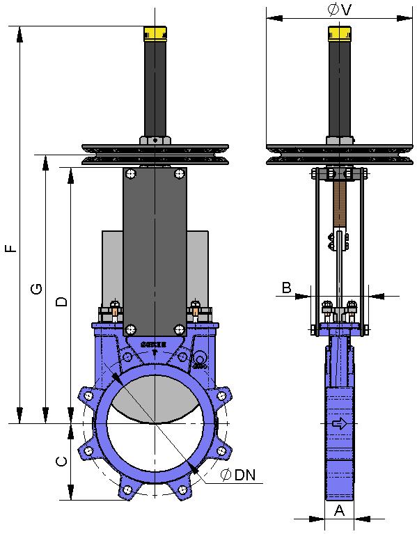 CHAINWHEEL Widely used in raised installations with difficult access, the handwheel is fitted in vertical position. B = Max. width of the valve (without actuator). D = Max.