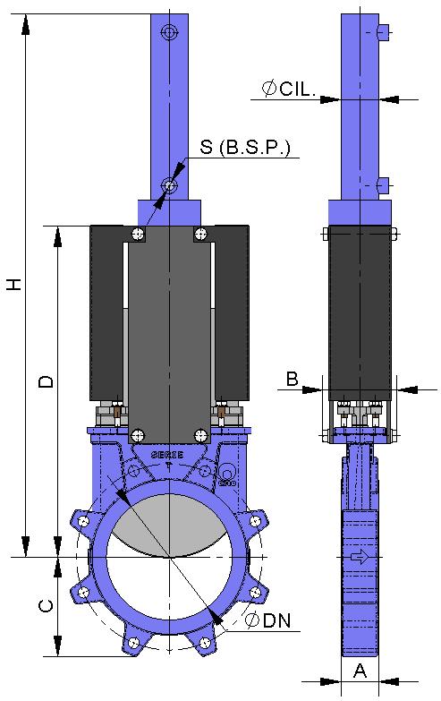 HYDRAULIC ACTUATOR (Oil pressure: 135 Kg/cm 2 ) B = Max. width of the valve (without actuator). D = Max. height of the valve (without actuator). The hydraulic actuator includes: Hydraulic cylinder.