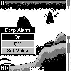 Deep Alarm menu (left). Deep Alarm dialog box (right).