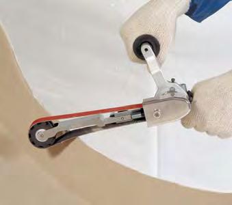 Tool includes high-efficiency Rubber Drive Wheel, ideal for use with all abrasive belts. Includes 15350 Contact Arm for 1" wide x 18" long belts (see page 20). Tool grinding head pivots 360.