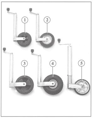 6.3 Jockey wheels with spindles 6.3.1 Overview of range AL-KO jockey wheels with spindles are produced for five different static loads: for 150 kg capacity with plastic wheel (1) for 150 kg capacity