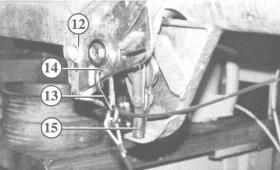 Move the handbrake lever (12) downwards Clip the snap hook (13) of the breakaway cable into hole (14) Screw the brake