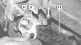Position the handbrake lever vertically. Place the spring cylinder (11) secured with the washers (9) and nut (10) in its mounting and move the handbrake lever downwards.