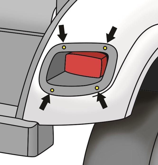 1. Connect the taillights to the taillight leads on the main harness. 2. Insert the taillight assemblies into the holes cut out earlier. Once in place, secure with the (8) Included Screws.