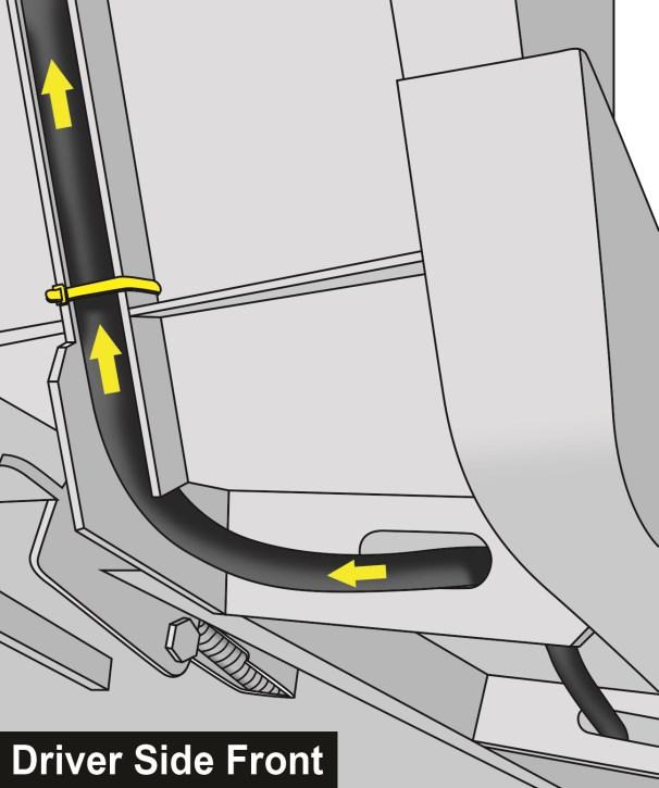7. Route the front portion of the harness through the vertical channel on the driver side. Loosely secure with cable ties.