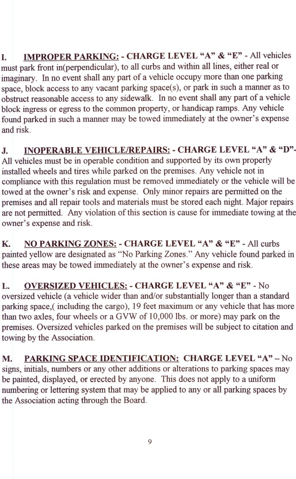 I. IMPROPER PARKING: - CHARGE LEVEL "A" & "E" - All vehicles must park front in(perpendicular), to all curbs and within all lines, either real or imaginary.
