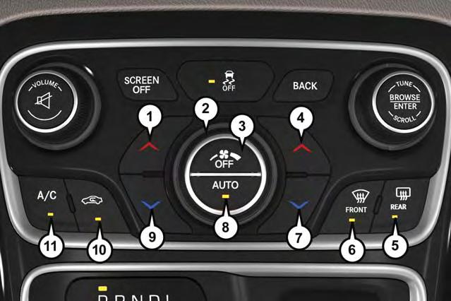 OPERATING YOUR VEHICLE Automatic Climate Controls 1 Driver Temperature Up Button 2 Rotate Blower Control 3 OFF Button 4 Passenger Temperature Up Button 5 Rear Window Defroster Button 6 Front