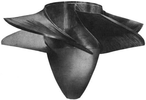 Figure 13.8 Fixed blade propeller turbine. usual construction is with a vertical shaft. Single units with ratings up to about 150 MW are in service. The larger units are reversible pump/turbines. 3.