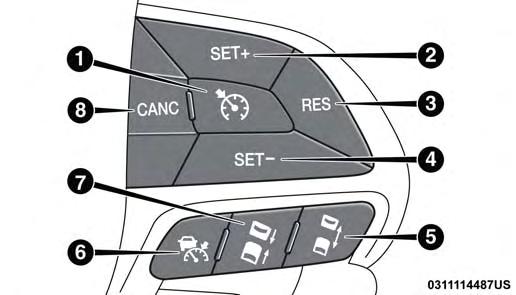 Adaptive Cruise Control Buttons 1 Normal (Fixed Speed) 5 Distance Setting Increase Cruise Control On/Off 2 SET+/Accel 6 Adaptive Cruise Control (ACC) On/Off 3 RES/Resume 7 Distance Setting Decrease 4