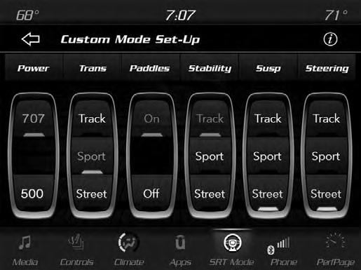While in Custom Mode, the Power, Traction, Transmission, Steering, Suspension, and Paddle Shifter settings are shown in their current configuration. MULTIMEDIA 427 Custom Mode Set-Up 6.