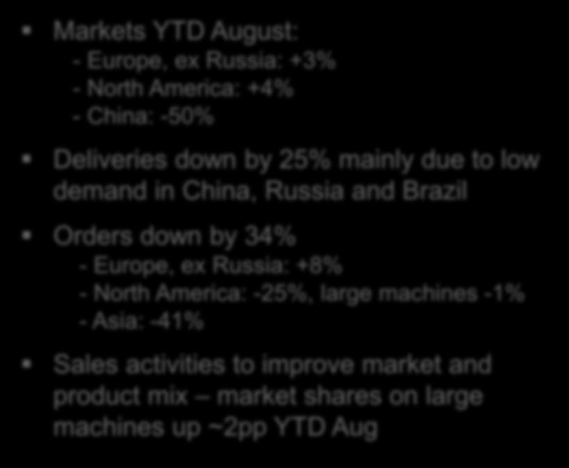 product mix market shares on large machines up ~2pp YTD Aug TOTAL MARKET Forecast Europe 2015: -10 to 0% 2016: -5% to +5% Forecast N America 2015: -5% to +5% 2016: -5% to +5% 01 02 03 04 05 06 07 08