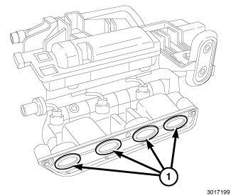 Remove the remaining intake manifold flange bolt (3), the intake manifold support bolt (2) and remove the intake manifold (1) from the vehicle through the space normally occupied by the battery. 46.