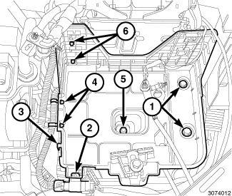 Unlock and disconnect the Powertrain Control Module (PCM) harness connectors (1 and 2). 12. Disengage two starter wire harness retainers (6) from the battery tray (3). 13.