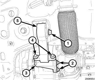 If equipped with a manual transmission, remove the rear engine mount bracket bolt (3) and nut (6), loosen the isolator bolt (1) and reposition the rear