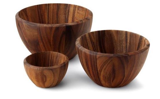 7cm H 33cm 3L bowls small, acacia wood medium spoon long,
